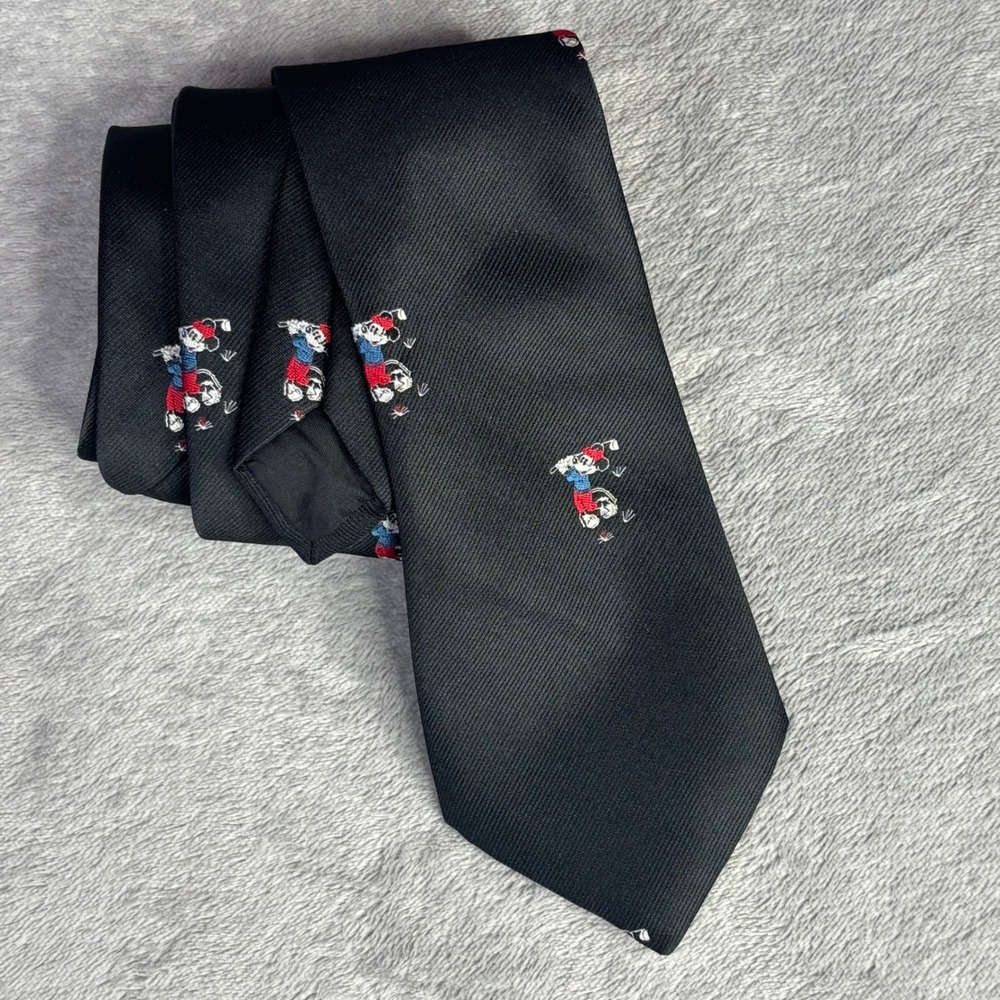 Disney Necktie Mens Black‎ Mickey Mouse Golf Embroidered Silk Blend USA Vintage